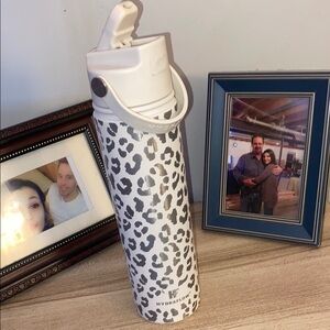 White and Black Leopard insulated water bottle press button top 25oz